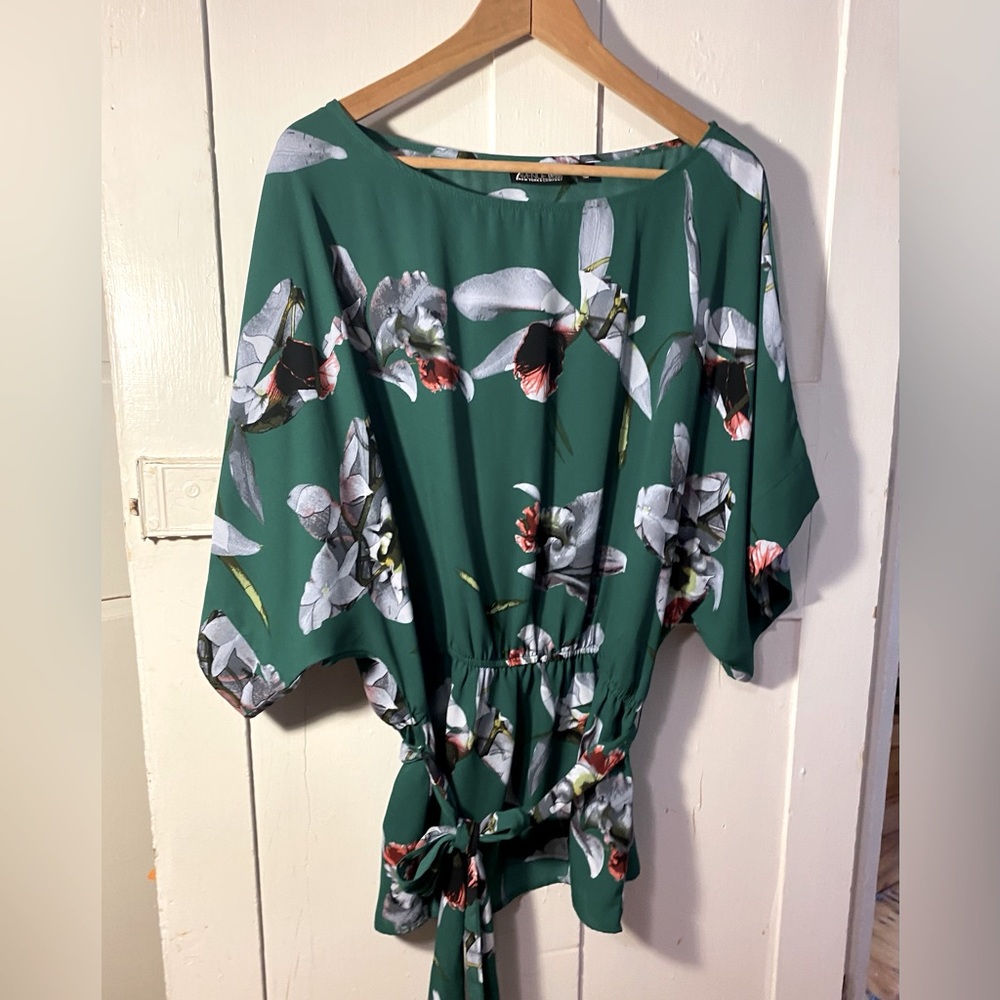 Green kimono style blouse with tie belt